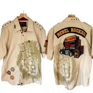 Rebel Spirit Rare Y2K Rebel Rocker Embroidered Button Up Men’s Khaki Top Sz XXL